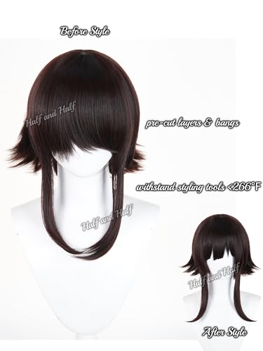 Image of Half and Half Short Brown Black Anime Circus Clown Cosplay Wig for Women Deep Brown Wigs with Bangs & Layers for Halloween Party Daily