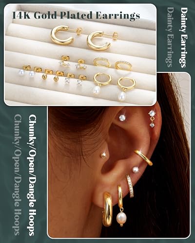 Hypoallergenic 14K Gold Plated Stud Hoop Earrings for Women Lightweight Small Chunky Huggie Hoops Surgical Stainless Steel Stud Earring Dainty Cartilage Earrings Stacks for Women Jewelry Gifts4