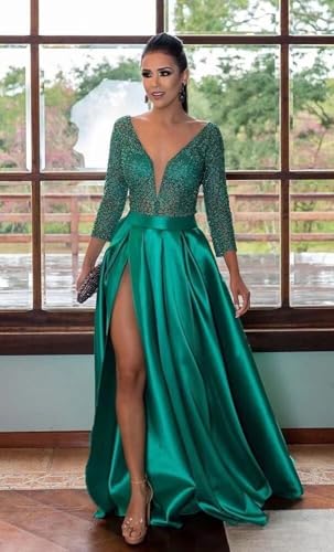 Prom Dresses with Slit Pocket V Neck Lace Long Ball Gown 3/4 Sleeves Satin Formal Party Gowns3