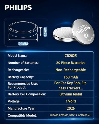 PHILIPS CR2025 3V Lithium Coin Battery (20-Pack) - CR2025 Batteries, Ultra-Thin Design for Key Fobs, Bluetooth Devices, Electronics - image 8