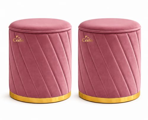 Image of Luxury Velvet Ottoman Stool for Living Room & Bedroom | Premium Round Pouffe with Gold Metal Base | Modern Footrest, Extra Seating & Home Decor (Pink Set of 2)