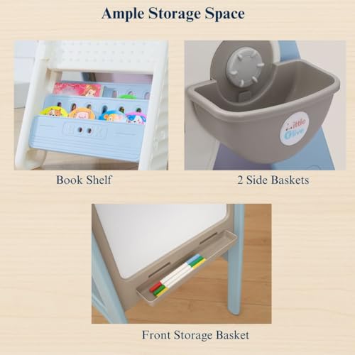 Image of Little Olive Kids Chair and Drawing Board with Easel | 3 in 1 Multipurpose Activity Table Desk Set | Convertible Study Furniture for Toddlers and Preschoolers (Blue)