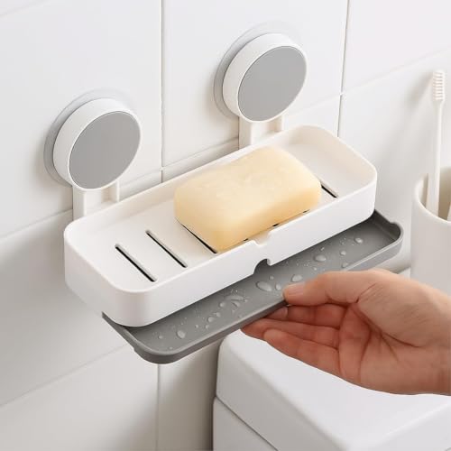 Image of Wall Mounted 2 Toothbrush & 1 Soap Holder, Self Adhesive ABS Storage Box with Drain Tray - No Drill Bathroom Organizer for Toothpaste, Face Wash, Soap, Comb & Sink Essentials