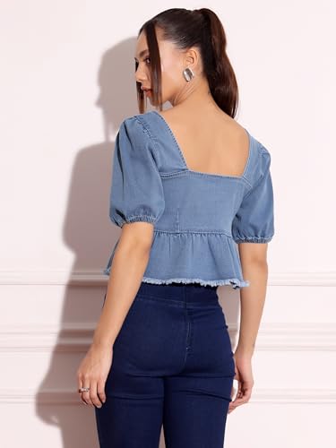 Image of Miss Chase Women's Round Neck Half Sleeves Cotton Lace and Pearl Detailing