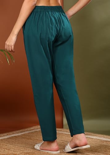 Image of Yash Gallery Women's Regular Fit Mid Rise Solid Cotton Slub Ankle Length Regular Trouser Pant