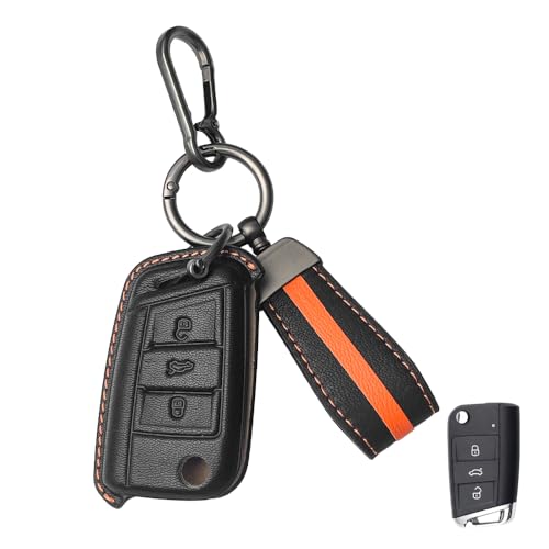 Image of Keyzone Royal Leather Key Cover for Virtus, Kylaq, Slavia, Kodiaq, Kushaq, Taigun, Tiguan, Octavia, Jetta, Superb, Karoq, T-ROC flip Key (Black)
