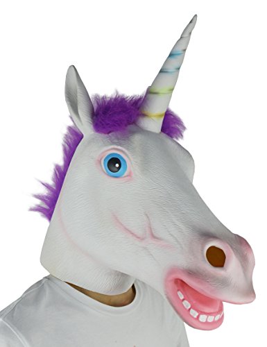 LarpGears Fantasia de unicórnio branco de látex para Halloween, máscara de animais, cabelo roxo, tamanho adulto