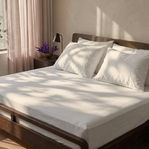 Image of 100% Cotton King Size Bedsheet Set (106x106 inches) with 2 Pillow Covers (18x27 inches) - Percale Weave, Soft & Breathable | (Milky White, King)
