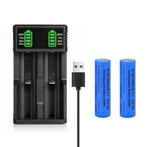 2 Pack 3500mAh 3.7 Battery Flat Top NI-MH Rechargeable with 2-Slot 3 7 USB Battery Charger Batteries NIMH Large Capacity for LED Flashlight/Camera/Small Fan Size: 18.01mm * 65.01mm