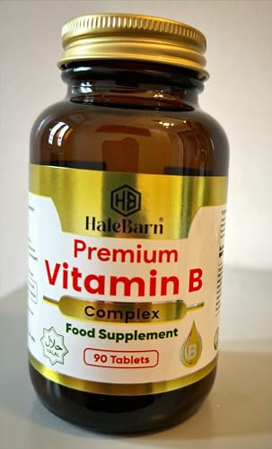 Vitamin B Complex - 90 Tablets (3 Month Supply) High Strength All 8 B Vitamins B1-B2-B3-B5-B6-B12, Biotin, Folic Acid and Vitamin C - Reduction of Tiredness, Energy & Immune Support - Halal- HaleBarn