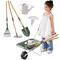 ROBOTIME Kids Metal Wheelbarrow & Planting Tools, 5PC Olive Green Large Gardening Set with Adjustable Pine Handle, Outdoor Backyard Playset with Watering Can, Rake, Shovel, for Boys & Girls Ages 3+