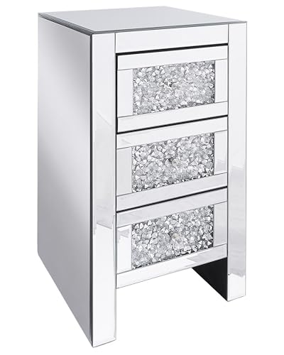 Beliani Table de Chevet avec Miroir et 3 Tiroirs Effet Diamants Broyés Meuble de Rangement Ultra...