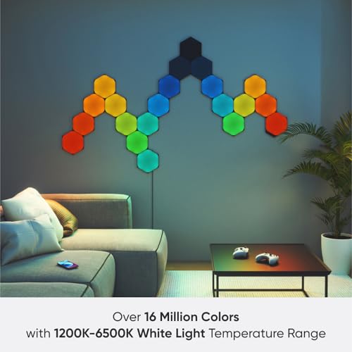 Shapes Ultra Black Hexagon Starter Kit, 9 Esagoni Luminosi LED RGBW Smart - Applique da Parete Interno Modulari, Luci Led 16M Colori WiFi, Funziona con Alexa, Sincronia Musica e Monitor - Illuminazione - Immagine 6