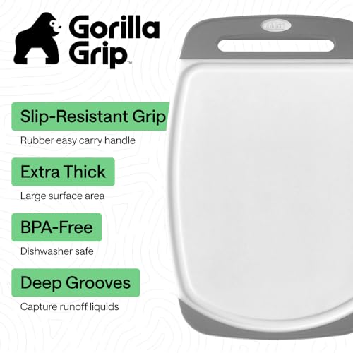 Image of GORILLA GRIP BPA-Free Reversible Kitchen Cutting Board Set of 3, US Designed, Nonporous, Juice Grooves Catch Liquid, Slip Resistant Border, Dishwasher Safe, Durable Large Food Chopping Boards, Gray