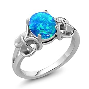 Gem Stone King 925 Sterling Silver Oval Cabochon Blue Simulated Opal Ring For Women (0.56 Cttw, Available In Size 5, 6, 7, 8, 9)