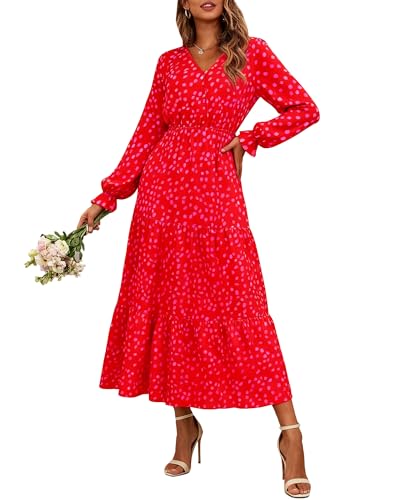 BTFBM Women Fall Dresses 2025 Casual Long Sleeve V Neck Maxi Dresses Floral Boho Long Dress Wedding Guest Dress(Red Flower
