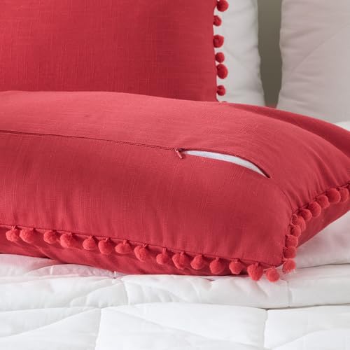 Image of 100% Cotton Pom Pom Cushion Without Filler, Elegant & Modern Cushion Cover for Living Room, Rectangle, 12 inchx20 inch, uni slub, Set of 5 - Viva Magenta