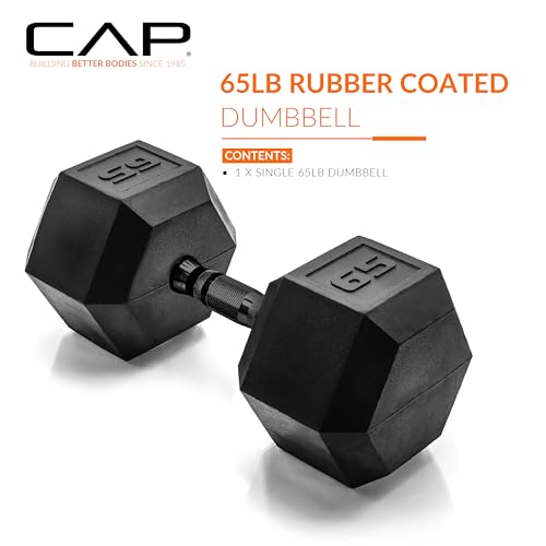 Image of CAP Rubber Coated Dumbbell Weights, Free Weights for Home Gym Strength Training, Anti-Roll Hex Dumbbells with Black, Chrome & Comfort Grip Handles, Singles