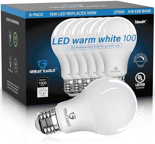 Great Eagle Lighting Corporation 100W LED Light Bulb Equivalent 1500 Lumens A19 Warm White 2700K Dimmable UL Listed (6-Pack)