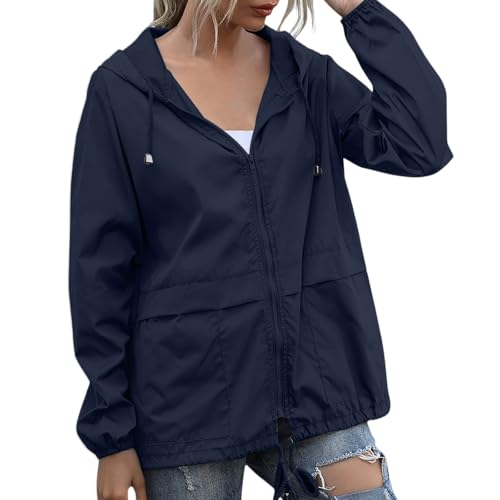 MaNMaNing Chubasquero con capucha para mujer, color sólido, ligero, cortavientos con bolsillos, para exteriores, verano, chaqueta para mujer, azul, XL