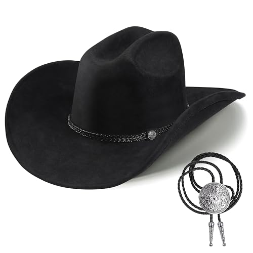Western Cowboy Hat for Men Women Shapeable Wide Brim Felt Fedora Classic Cowgirl Hats for Cowboys and Cowgirls with bolo tie (US Alpha Medium Large Black-C)