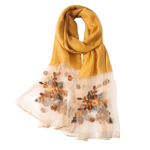 WINCESS YU Women Mulberry Silk Scarf Lightweight Embroidered Floral Shawl Wraps Beach Gauze Blanket Shawl for All Season