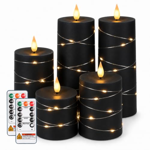 Homemory Black Flameless Candles with Fairy Lights, Remote Timer, Set of 3