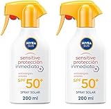 NIVEA SUN Sensitive Protección Inmediata Antialergias Solares FP50+ Spray (1 x 270 ml), spray solar resistente al agua, protector solar para piel sensible, pistola (Paquete de 2)