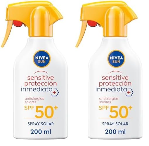 NIVEA SUN Sensitive Protección Inmediata Antialergias Solares FP50+ Spray (1 x 270 ml), spray solar resistente al agua, protector solar para piel sensible, pistola (Paquete de 2)