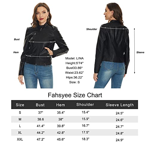 Fahsyee Women's Faux Leather Jackets, Zip Up Motorcycle Short Pu Moto Biker Outwear Fitted Slim Coat Black Size Xl #TOP5