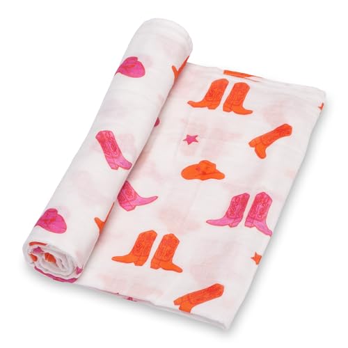 Image of LollyBanks Baby Muslin Swaddle - 100% Cotton, Soft Pink Boot Print Blanket, 47 x 47 Inches, Newborn Essentials, Registry