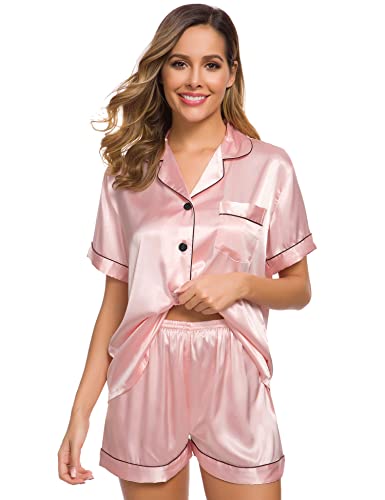 Image of SWOMOG Womens Silk Satin Pajamas Set Short Sleeve Sleepwear Button Down Top and Shorts Loungewear 2 Piece Pjs Set XS-3XL