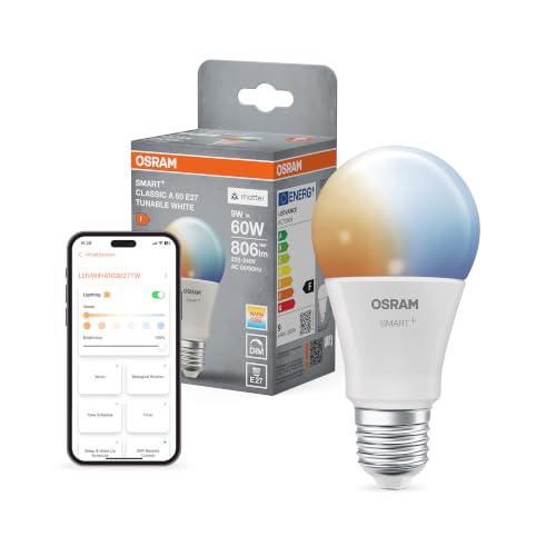Osram Lampe LED SMART+, A60, 9 W, 2 700–6 500 K, E27, en forme d'ampoule, Tunable White, intensité variable, contrôlable par application ou par la voix, compatible Matter