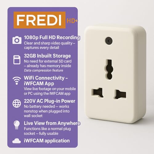 Image of FREDI HD PLUS WiFi Plug Camera 1080P HD Indoor Security Camera | 32GB Inbuilt Storage | Live View on Mobile & PC| Motion Detection | Loop Recording | 24x7 AC Powered | Home Office Shop Monitoring