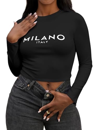 LovelyWholesale Long Sleeve Crop Tops for Women Graphic Fitted Top Crew Neck Shirts2