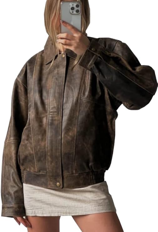 Women 80s Oversize Vintage Style Distressed Brown Lambskin Real Leather Classic Jacket3