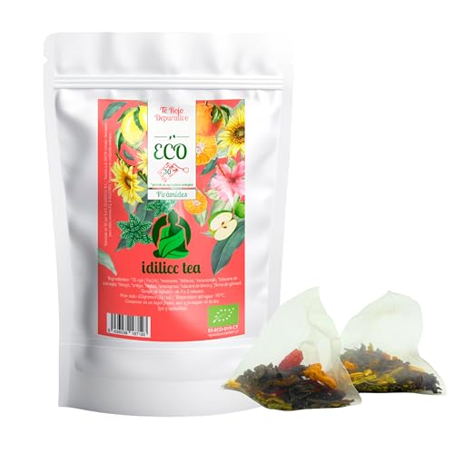 IDILICC TEA Te Rojo Pu-erh 100% Ecológico. 30 Pirámides. Bolsitas de Te. Regula el Colesterol y Cuida la Línea. Infusion Natural Depurativa y Antioxidante. Infusiones Variadas