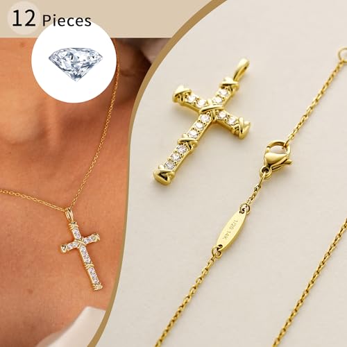 Cross Necklace for Women,Sterling Silver Cross Necklace 14K Gold Filled CZ Diamonds Crucifix Pendant Necklaces, Religious Jewelry Gift for Easter Christmas Mother's Day Birthdays Daily Wear3