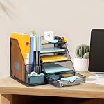 Desk Organizers Vertical File Holders, Mesh Paper Letter Tray with Sliding Drawers and Pen Holder, 5 Tier Desktop File Organizer for Home Office School, Black