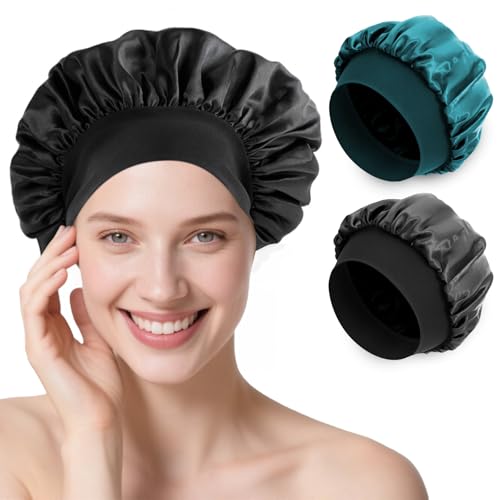 Romon Satin-Haarmütze, 2 StückSeiden-Schlafmütze Haube Nachtschlafmütze Kopfbedeckung Weiche Kopfbedeckung Einstellbare Schlafmütze mit Gummizug für Frauen und Mädchen, Schwarz und Pfauenblau