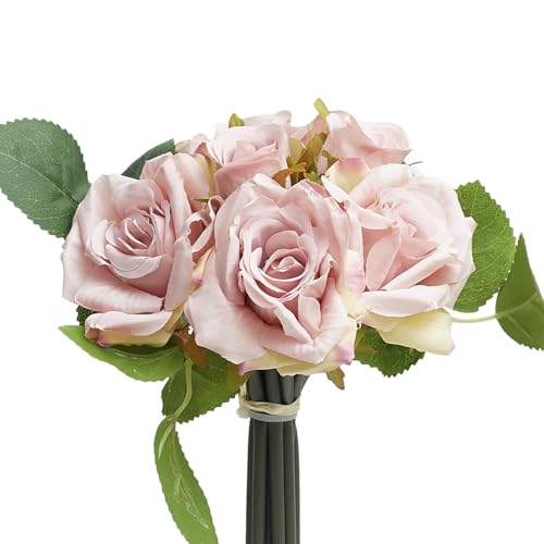 The Baked Studio – Silk Hand Tied Bella Rose And Tea Rose 8-Piece Bouquet For Cake Decorating, Home Décor, Weddings, Bridesmade Bouquets and Crafts (Dusty Pink + Mini Tea Roses)