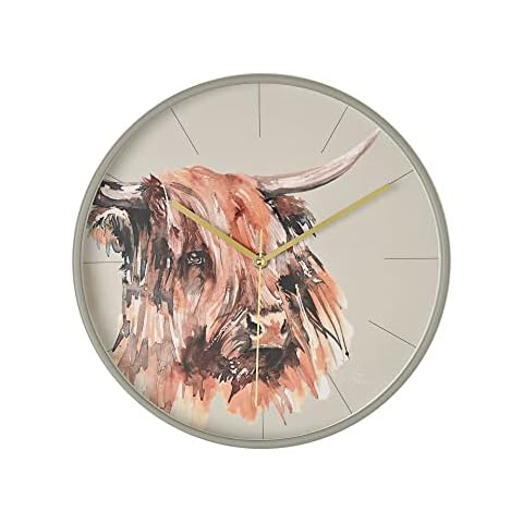Naturecraft Meg Hawkins Highland Cow Dial Round Wall Clock Grey 30cm Cover