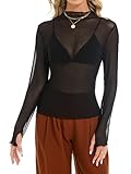 Enjyam Mesh Shirt Damen Sexy Transparent Netz Sheer Top mit Stehkragen Weich Dehnbar Langarmshirt Clubwear,XXL