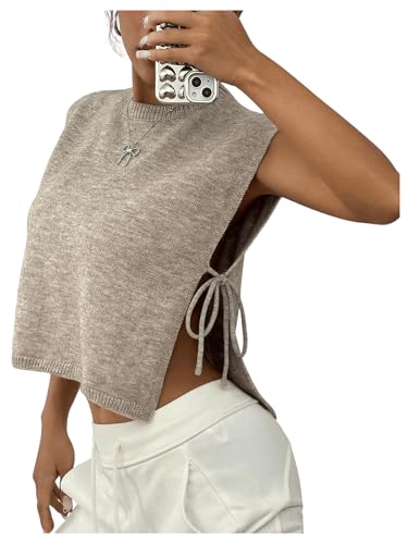 GORGLITTER Women's Cropped Sweater Vest Tops Sleeveless Crew Neck Side Tie Cap Sleeve Knit Tank Top