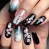 Ceboic 24Pcs Press on Nails Mittel Lang, Schwarz Farbverlauf Nägel zum Aufkleben Sarg Acryl Full Cover Kunstnägel mit Pflaumenblüte Design, Natürlich Künstliche Nägel French Fake Nails für Frauen