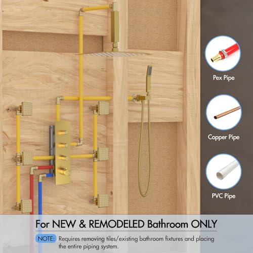 Image of Shower System with Body Jets, 12 Inch Rain Shower System, All Metal Body Spray Shower Jets System, Include Shower Valve Gold 16 inch+ 6 Jets Button