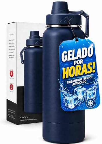 Garrafa Térmica Agua Aço Inox 600ml BARATINHA + Protetor de Base de Silicone, Duplamente Isolada, Aço Inox 304, Mantém Bebidas Geladas por 18 Horas e Quentes por 8 Horas (Azul Marinho)
