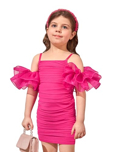 WDIRARA Girl's Cold Shoulder Layered Ruffled Short Sleeve Ruched Party Pencil Mini Dress