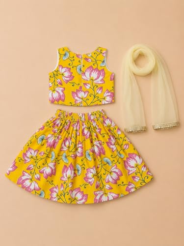 Image of A.T.U.N. (ALL THINGS UBER NICE) Baby Girls Cotton Ethnic Floral Lehenga Choli Set with Lace & Dupatta | Traditional 3-Piece Festive Outfit for Kids