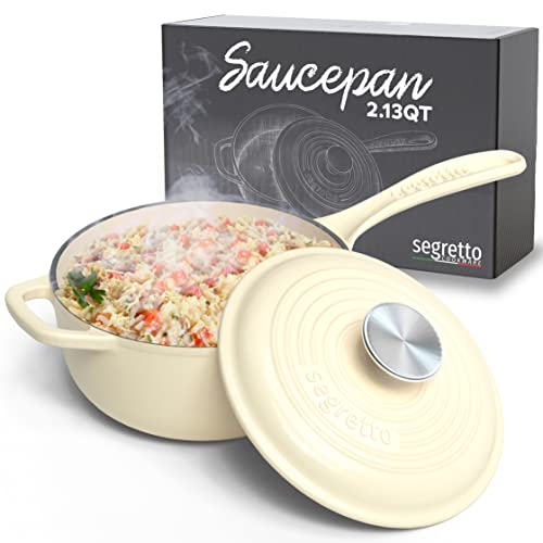 Small Sauce Pan with Lid, 2.13 QT Bianco Perla (Off-White) Sauce Pot, Small Pot with Stay Cool Helper Handle and Tight-Fitting Lid- Segretto Cookware
